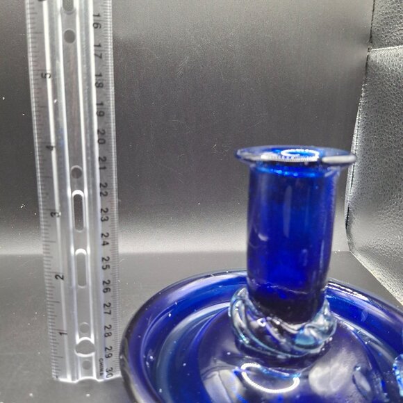 Blue Glass Artisan Candlestick  Whimsical Curved Handle Vintage Handblown Decor - Picture 6 of 8